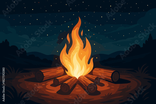 Glowing Campfire Night. Atmospheric shot of a glowing campfire surrounded by logs under a starry night sky, vector illustration