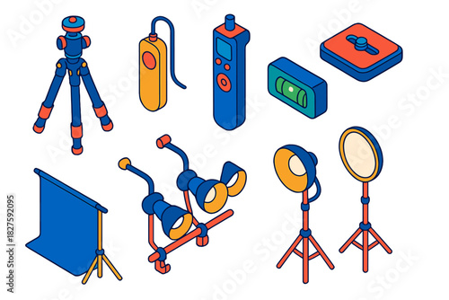 Photography Equipment Icons. Isometric vector illustration set Film and photography – tripod stand, ball head mount, quick release