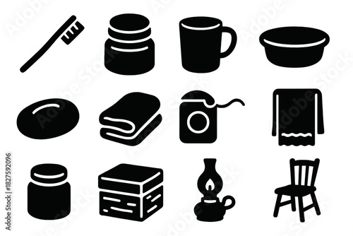 Early Dental Icons. Solid style icons of Early Dental Care: Toothbrush, Tooth Powder, Cup, Basin, Soap, Cloth, Floss, Towel, Jar,