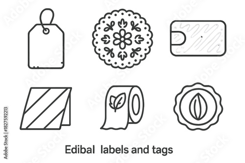 Edible Label Icons. Line style icons of edible labels and tags: printed rice paper tag, sugar lace sticker, inked gelatin tab,