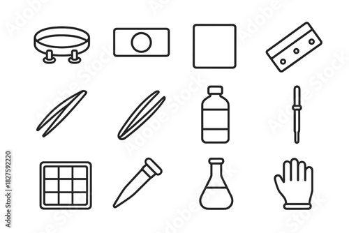 Microscopy Tools Icons. Line style icons of microscopy tools: specimen holder, glass slide, cover slip, microtome blade; tweezers,