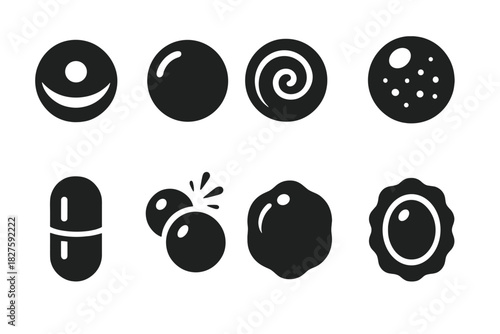 Innovative Pearl Icons. Solid style icons of pearl innovation: layered flavor core pearl, glowing translucent bubble, spiral pearl