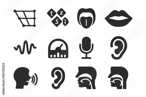 Phonetic Study Icons. Solid style icons of Phonetic study: vowel chart, consonant symbols, tongue diagram, lips outline, sound
