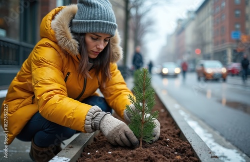 Fototapeta Naklejka Na Ścianę i Meble -  Woman in warm yellow coat plants small evergreen tree on city street. Focused gardener works in cold winter weather, putting effort into urban greening project.