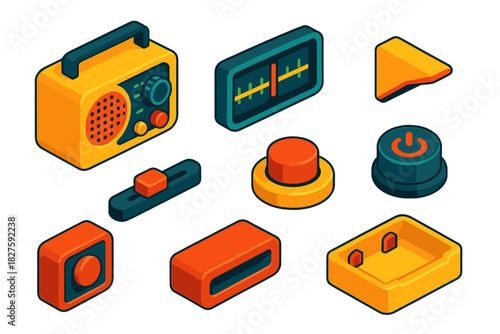 Retro Electronics Icons. Isometric vector illustration set Retro electronics – tabletop radio, tuning scale, station indicator;