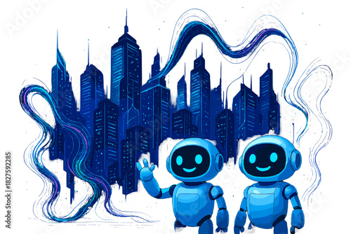 Quantum Powered Cityscape. Future city powered by quantum computing with glowing skyscrapers, data streams dancing, and robots