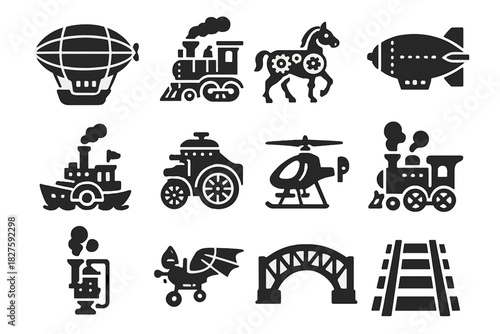 Steampunk Travel Icons. Solid style icons of Steampunk travel: dirigible, steam locomotive, mechanical horse, paddle steamer,