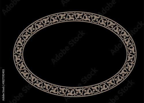 Vintage decorative oval frame. Elegant element for design in Eastern style, place for text. Floral gold border. Lace illustration for invitation, greeting card, textile, plate, embroidery, porcelain