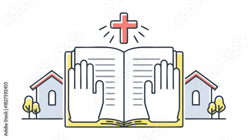 Flat vector illustration of an open bible symbolizing faith knowledge and spirituality rendered in a clean modern graphic style