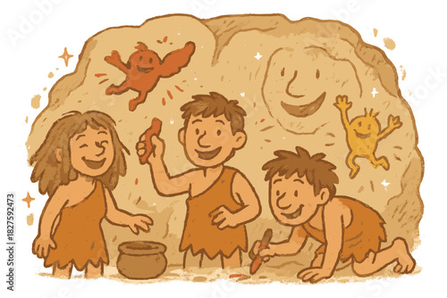 Whimsical Prehistoric Mural. Friendly doodle prehistoric mural creation with cheerful human figures, cartoon pigments flying,