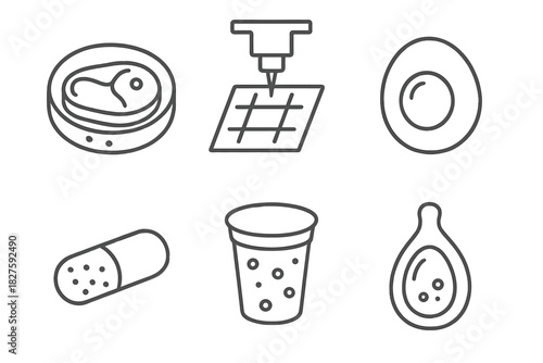Artificial Food Icons. Line style icons of artificial food production: lab-grown meat sample, printable starch square, synthetic