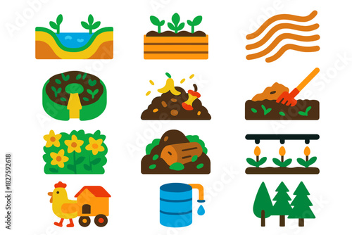 Permaculture Icons. Flat vector icons of Permaculture Design: swale, raised garden bed, contour lines, keyhole garden, compost