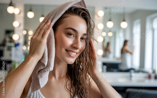 Beautiful young woman with wet hair drying it with a soft towel after shower, happy and fresh, natural beauty, self-care routine, spa, hygiene, natural light, skin care