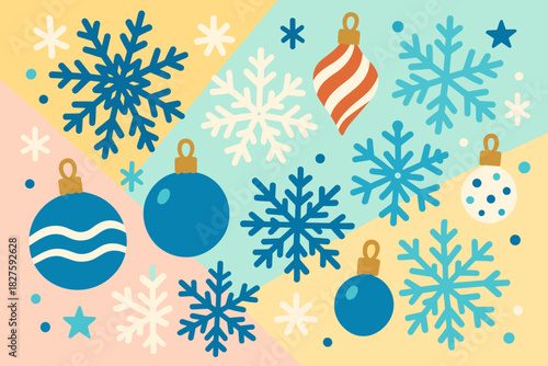 Festive Snowflake Arrangement. Playful arrangement of blue and white snowflakes with festive ornaments placed on a vector