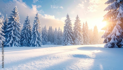 Wallpaper Mural Snowy forest scene with sun shining through trees in a winter wonderland Torontodigital.ca