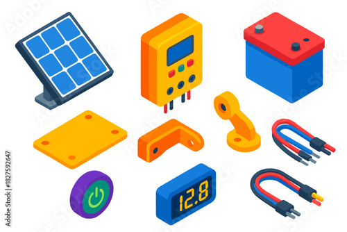 Robotics Kit Components. Isometric vector illustration set Robotics kits – solar panel, charge controller, battery pack; panel