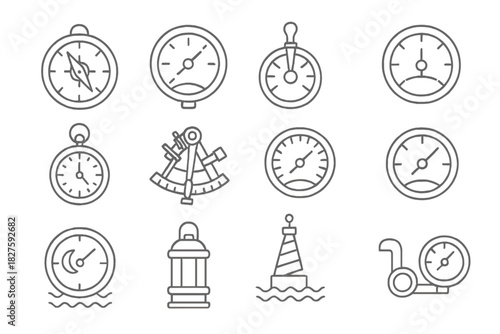 Marine Navigation Icons. Line style icons of marine navigation: ship compass, depth gauge, engine telegraph, rudder angle