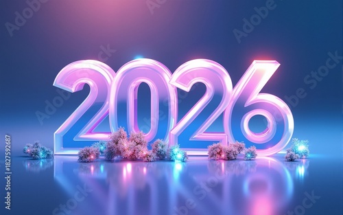 Modern and minimal New Year 2026 illustration featuring transparent glass effects. The design uses a clean gradient from blue to purple, with elegant typography and futuristic decorative elements.