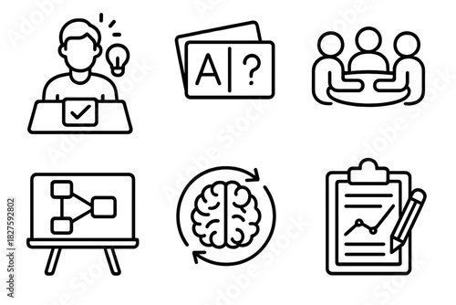 Classroom Neuroplasticity Icons. Line style icons of classroom neuroplasticity methods: active recall task, spaced repetition