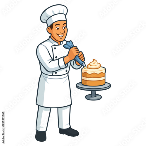 Chef decorating cake with frosting