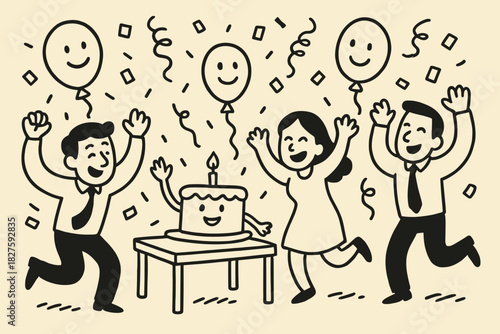 Office Doodle Celebration. Playful doodle office celebration with confetti smiling, balloons with faces, cake on the table waving,