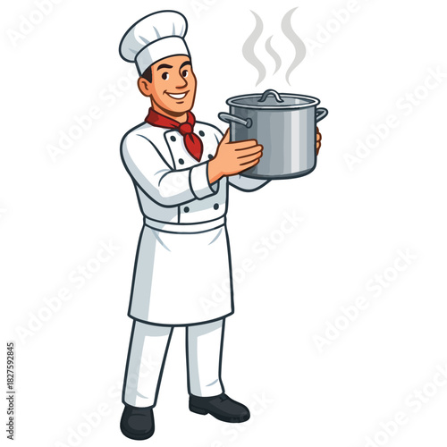 Happy chef holding steaming pot