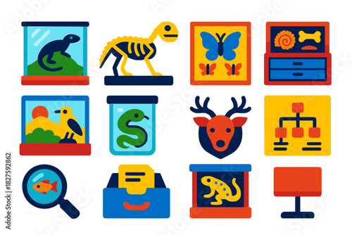 Vintage Zoological Icons. Flat vector icons of Vintage Zoological Museums: display case, animal skeleton, pinned butterfly board,