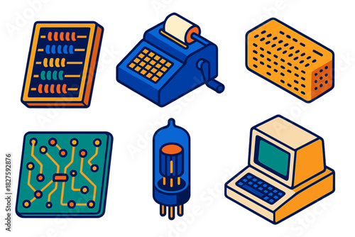 History of Computing Icons. Isometric vector illustration set History of Computing: ancient abacus, mechanical calculator, punched