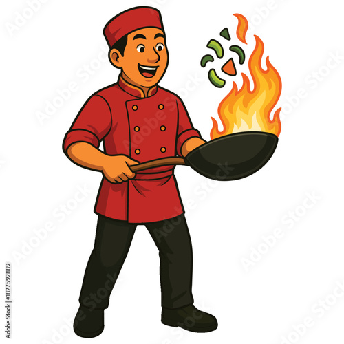 Happy chef cooking in pan