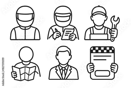 Rally Team Icons. Line style icons of rally team roles: driver icon, co-driver with notes, mechanic with wrench, navigator with