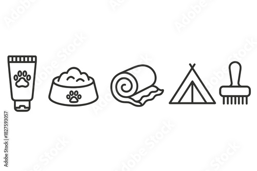 Sled Dog Care Icons. Line style icons of sled dog care: paw ointment tube, food bowl, water bowl with ice, warm blanket, tent for