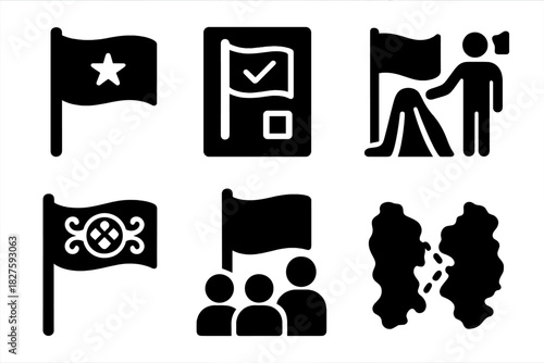 Vexillology Icons Overview. Line style icons of Vexillology: regional independence flag, referendum icon, flag unveiling event,