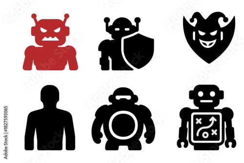 Bot Personality Icons. Solid style icons of bot personality styles: aggressive red bot icon, defensive shielded bot, trickster
