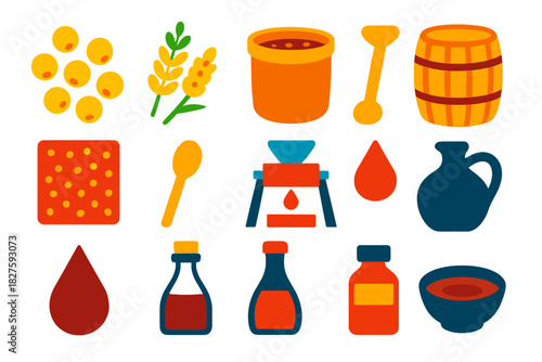 Soy Sauce Icons. Flat vector icons of soy sauce brewing: soybeans, roasted wheat, fermentation vat, wooden barrel, koji starter,