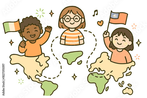 Global Connection Doodles. Cute doodle transnational identity scene with smiling characters connected by cartoon dotted lines