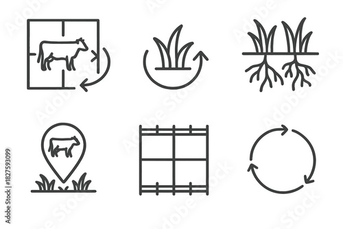 Sustainable Grazing Icons. Line style icons of Sustainable Grazing Practices: rotational grazing layout, grass regrowth icon, soil