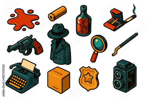 Noir Investigation Icons. Isometric vector illustration set Noir Investigation: crime scene bloodstain, metallic bullet casing,