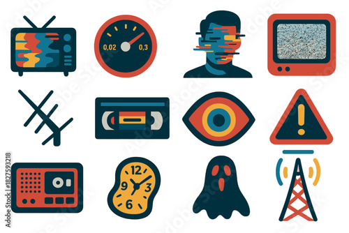 Analog Horror Icons. Flat vector icons of Analog Horror: distorted TV broadcast, unknown frequency dial, glitching human face,