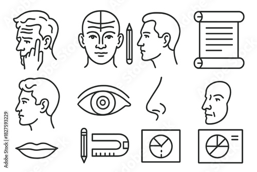 Ancient Physiognomy Icons. Line style icons of Historical Physiognomy: Forehead Wrinkle Reading, Face Mapping, Character