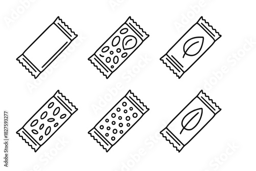 Edible Snack Bar Wraps. Line style icons of edible snack bars wrapping: protein film wrap, nut shell wrap, fruit pulp casing, oat