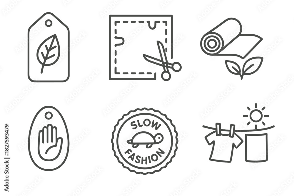 Fototapeta premium Sustainable Textile Icons. Line style icons of Sustainable Textile Practices: plant-based dye label, zero waste cloth cut,