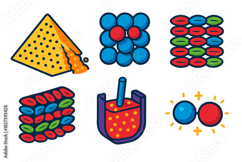 Granular Physics Illustrations. Isometric vector illustration set Physics of granular materials: sand heap collapse, jamming