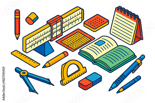 Isometric Computing Tools. Isometric vector illustration set Computing: Slide Rule Set, Logarithm Scales, Cursor Indicator,