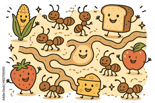 Joyful Ant Colony. Joyful doodle ant colony scene with smiling ants exploring, cartoon food sources waving, cheerful tunnels with