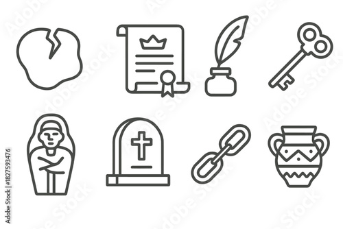 Archaeological Icons Collection. Line style icons of Archaeological Discovery: Broken Seal, Royal Decree, Tomb, Forgotten Lineage;