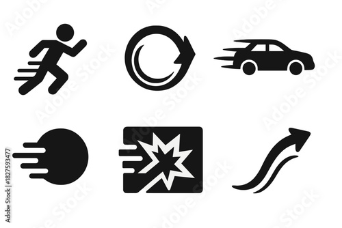 Dynamic Motion Icons. Solid style icons of motion trails and speed: blurred runner silhouette, acceleration dash loop, wind trail