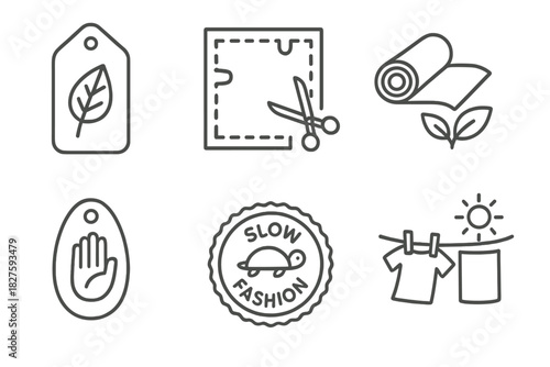 Sustainable Textile Icons. Line style icons of Sustainable Textile Practices: plant-based dye label, zero waste cloth cut,