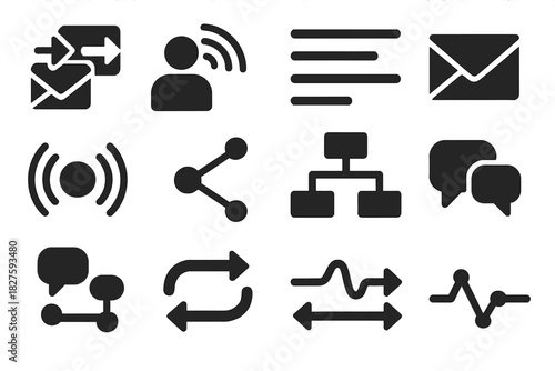 Communication Flow Icons. Solid style icons of communication flow: message arrows, broadcasting user, channel lines, email