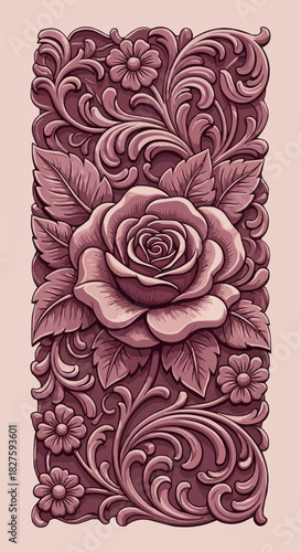 Detailed Carving of a Rose with Floral Accents in Relief.