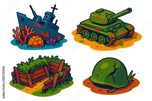 Battlefield Remnants. Isometric vector illustration set Battlefield Remnants: Sunken warship with coral, rusting tank half-buried,